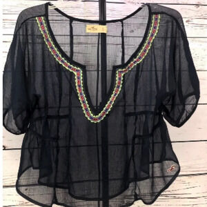 HOLLISTER - VINTAGE Sheer  Black PEASANT BLOUSE Tunic W/Trim SIZE: SMALL